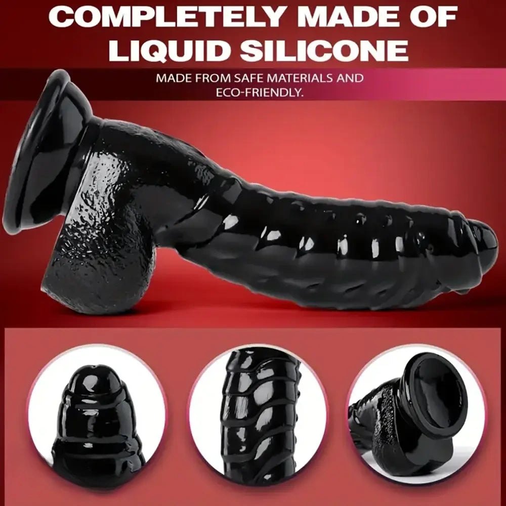 Black pvc suction cup dildo with wavy texture, photo 4