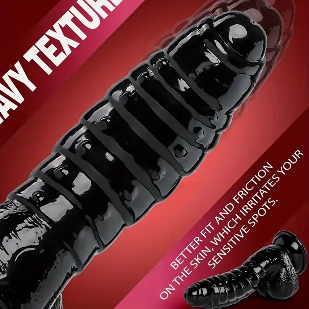 Black pvc suction cup dildo with wavy texture, photo 5