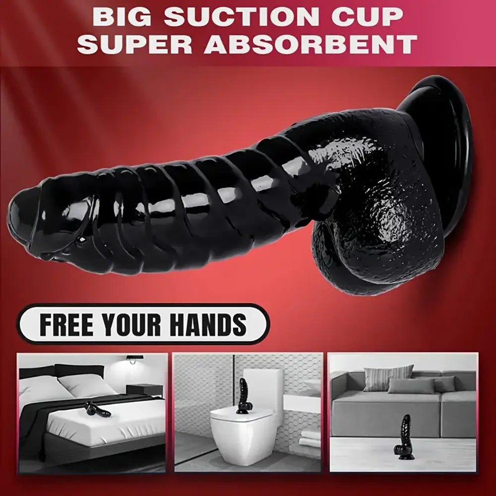 Black pvc suction cup dildo with wavy texture, photo 6
