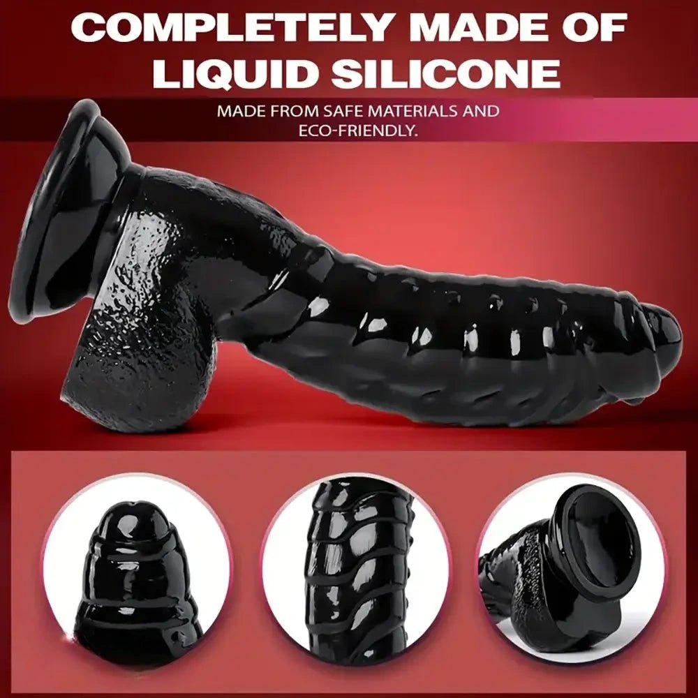 Black pvc suction cup dildo with wavy texture, photo 7