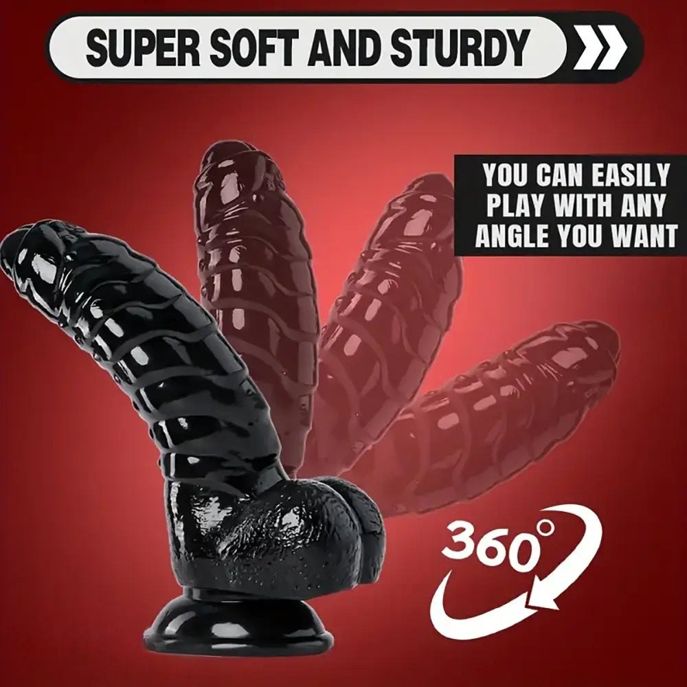 Black pvc suction cup dildo with wavy texture, photo 8