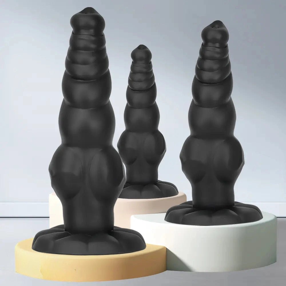 Black ribbed knot-style silicone large dildo, photo 4