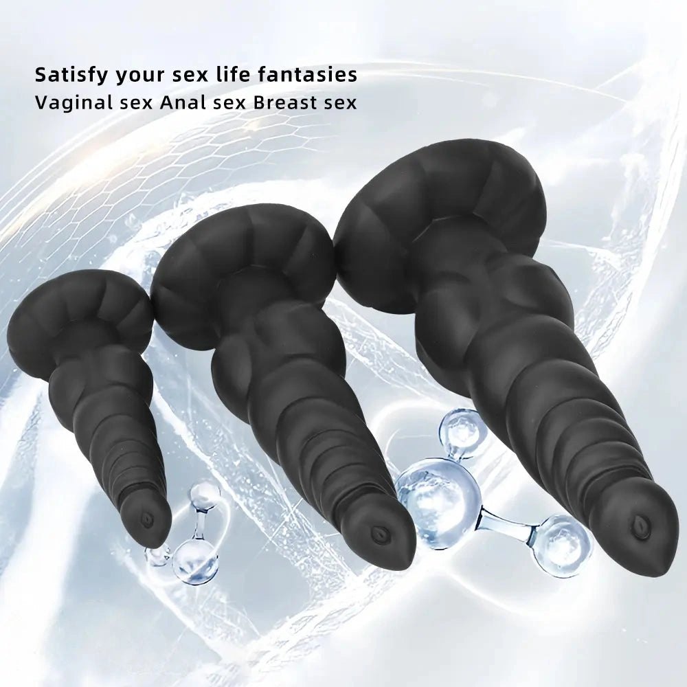 Black ribbed knot-style silicone large dildo, photo 5