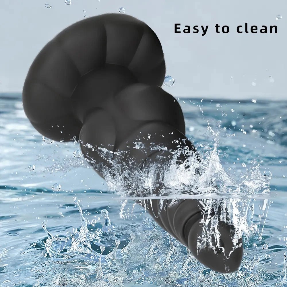 Black ribbed knot-style silicone large dildo, photo 9
