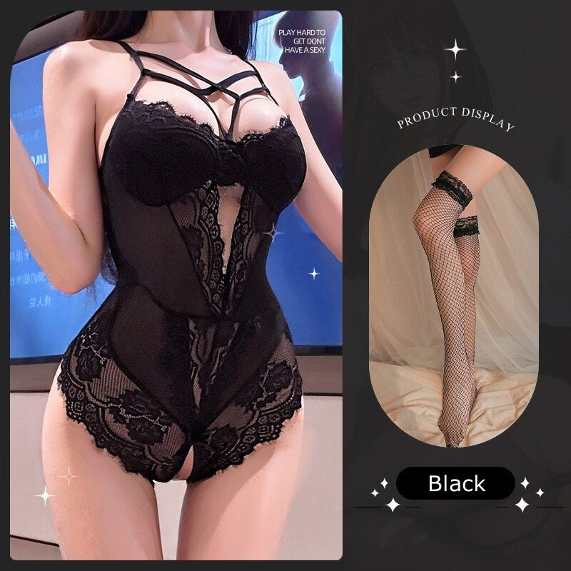 Black & Stockings Set strappy mesh lace bodysuit