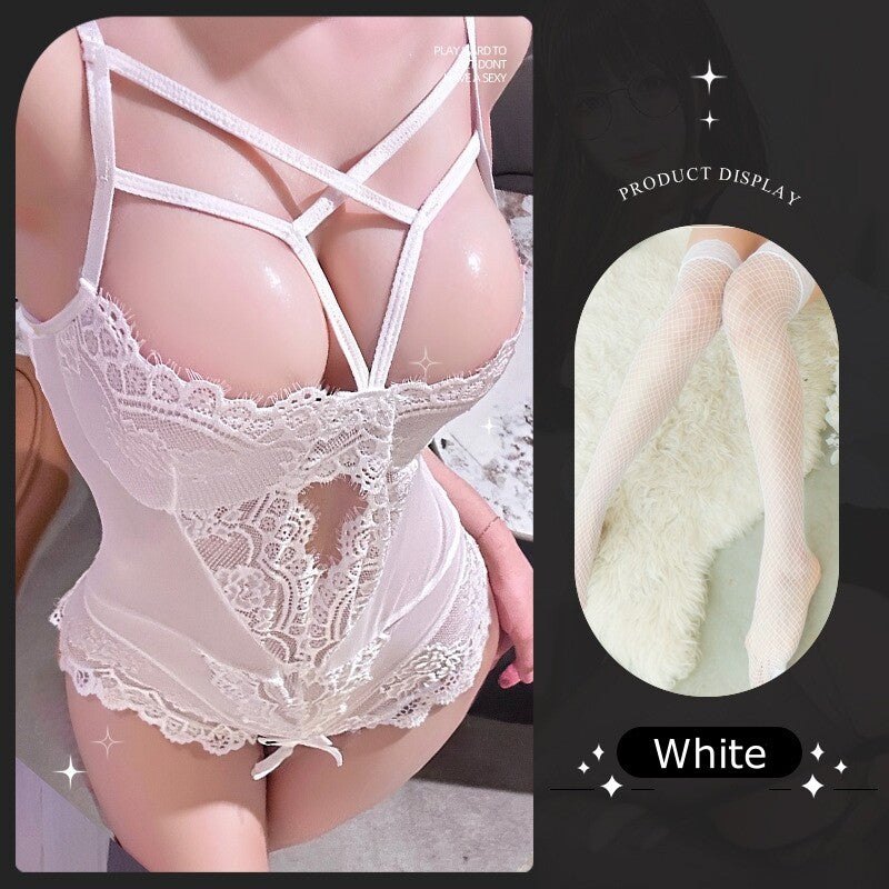 White & Stockings Set strappy mesh lace bodysuit