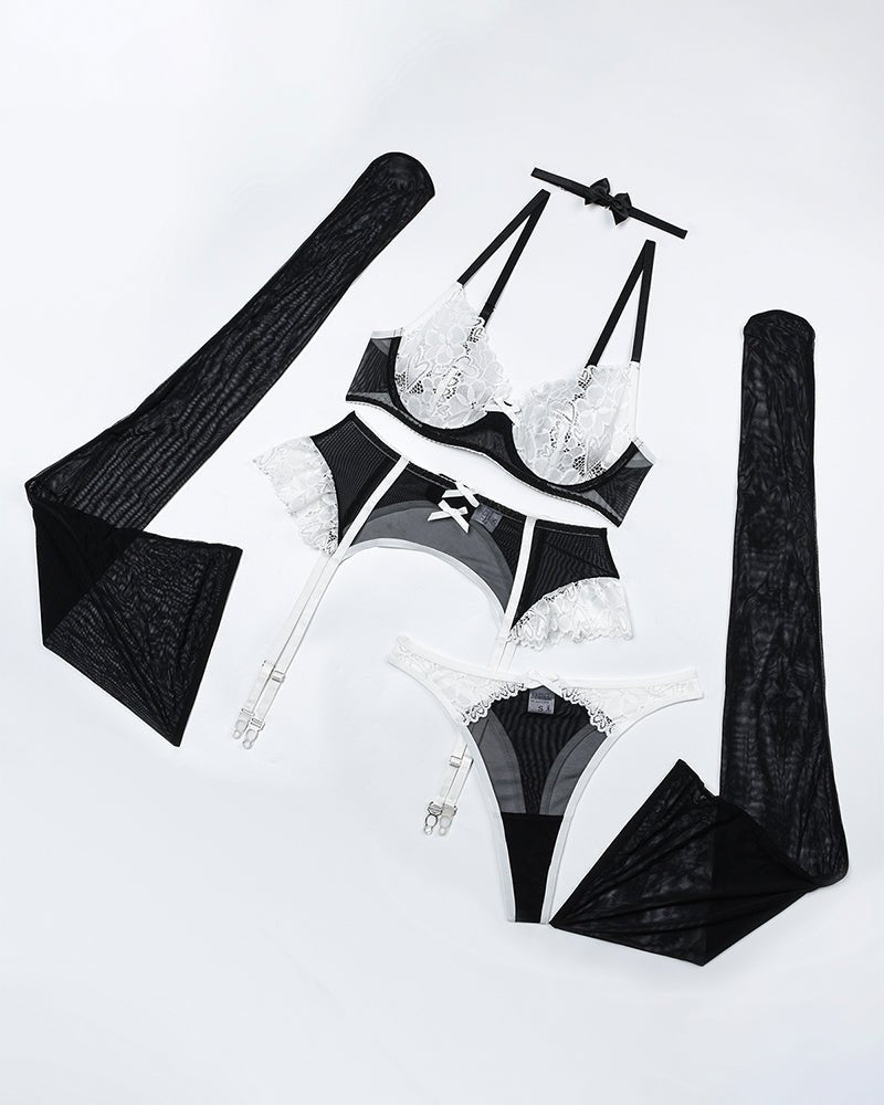 Black white heart lace choker garter belt set, photo 4