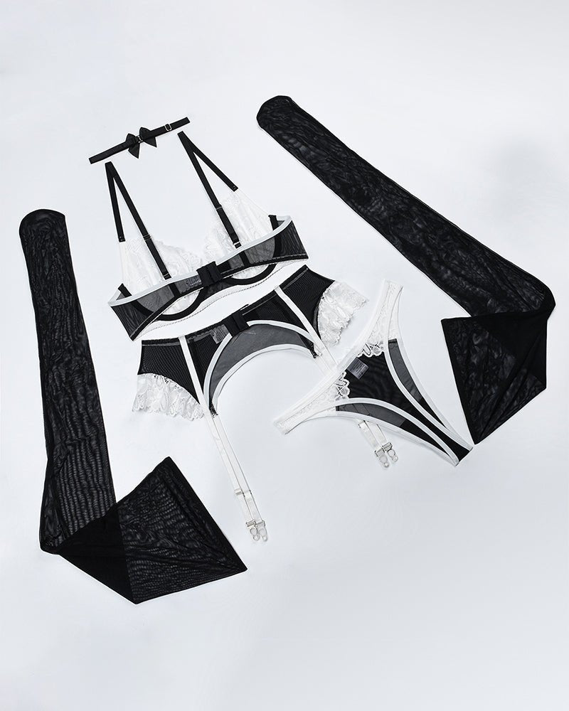 Black white heart lace choker garter belt set, photo 5