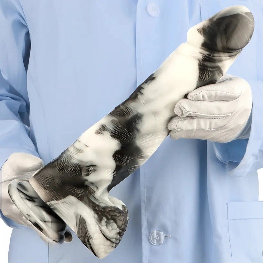 Black and white marbled realistic dildo, photo 12