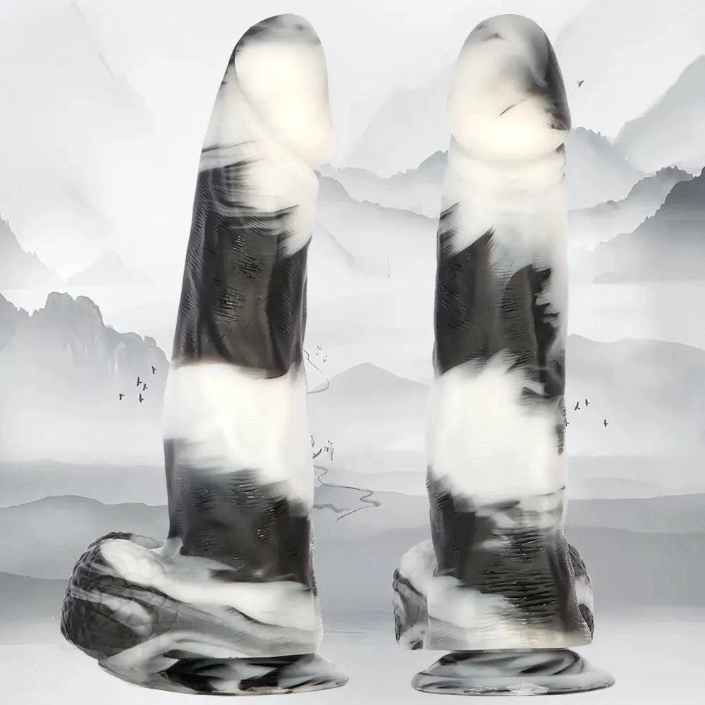 Black and white marbled realistic dildo, photo 4