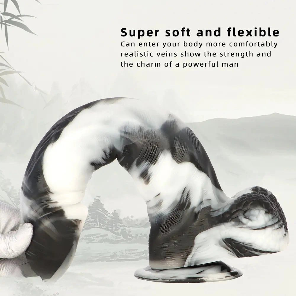 Black and white marbled realistic dildo, photo 5