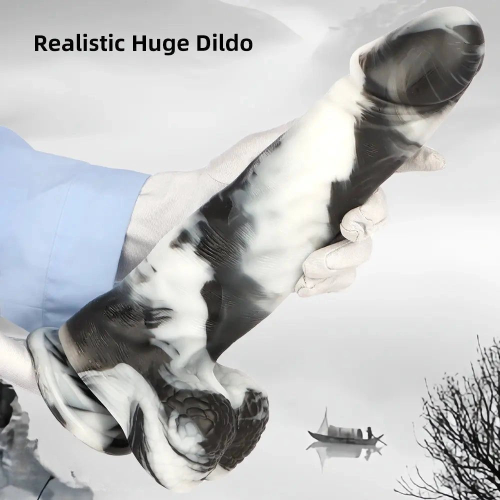 Black and white marbled realistic dildo, photo 8