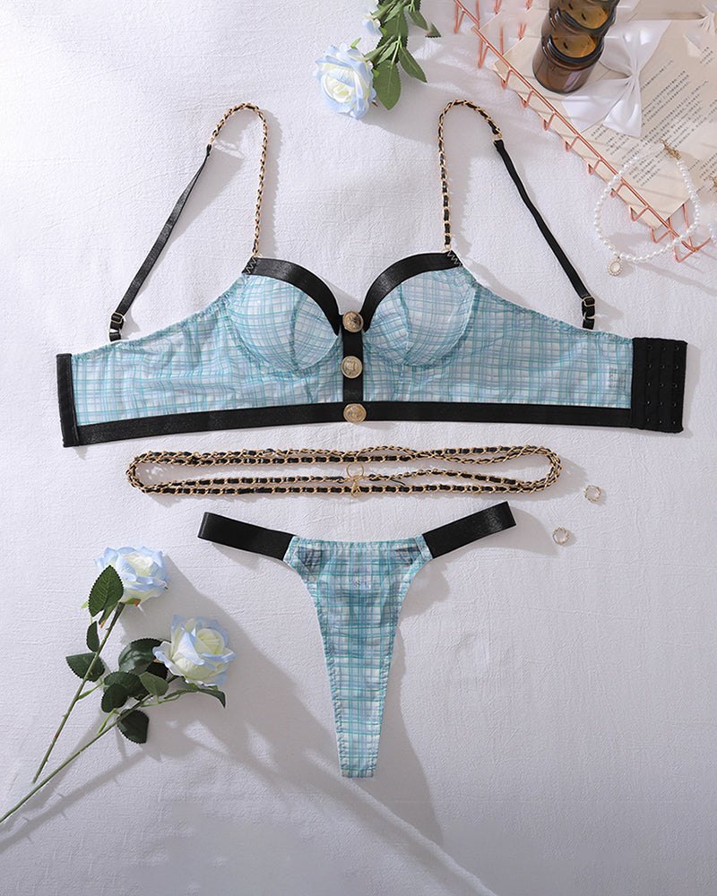 Blue plaid rhinestone chain bra set, photo 5