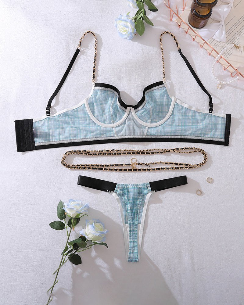Blue plaid rhinestone chain bra set, photo 6
