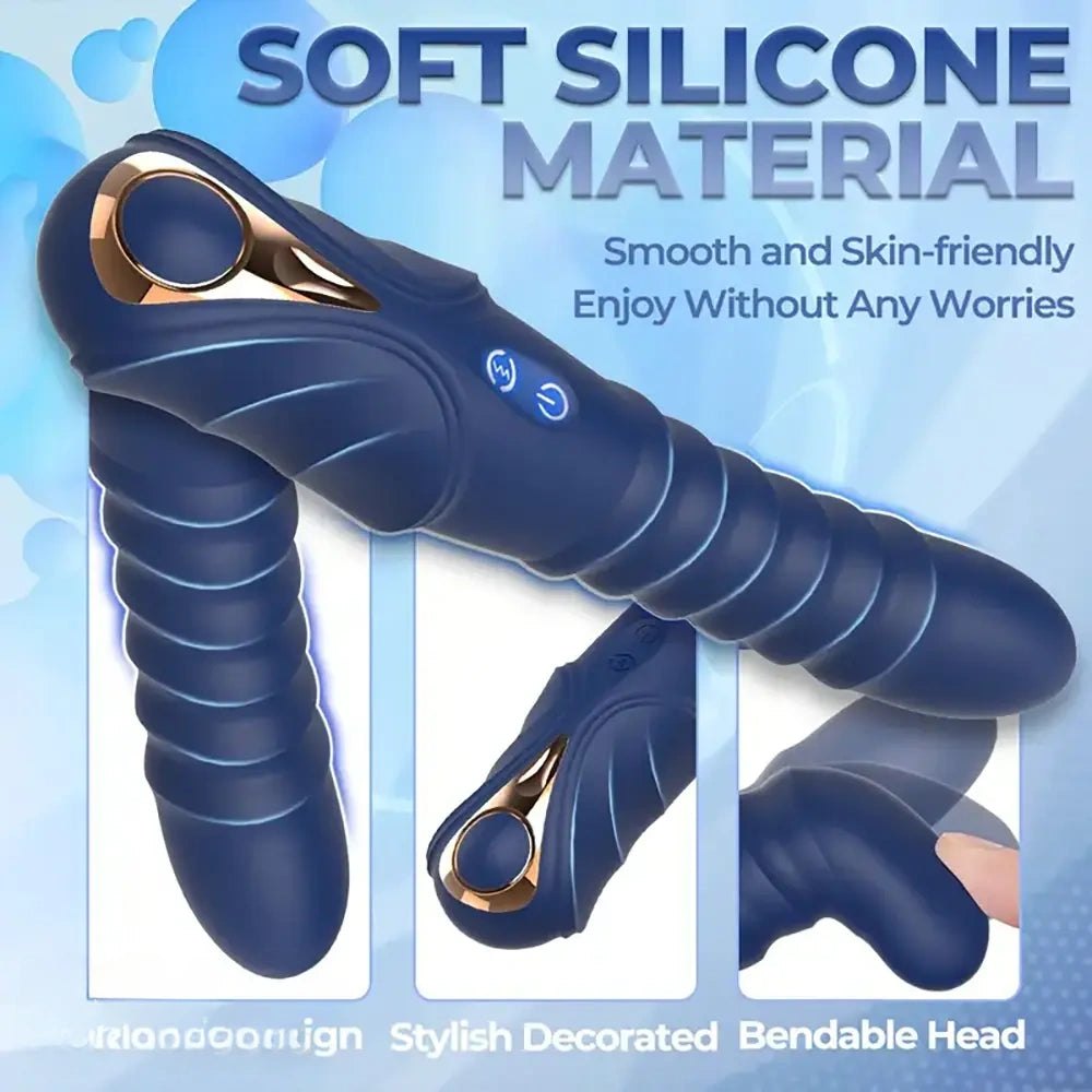 Blue ribbed vibrating silicone dildo, photo 4
