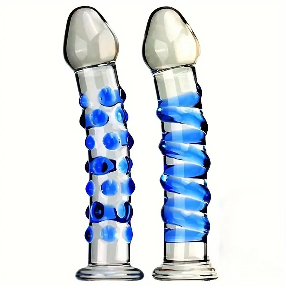 Clear glass dildo with blue spiral texture, photo 1