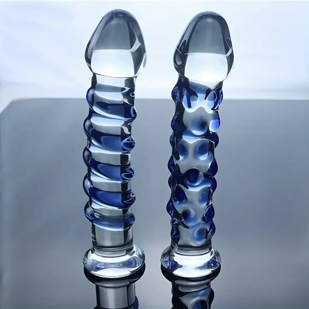 Clear glass dildo with blue spiral texture, photo 2