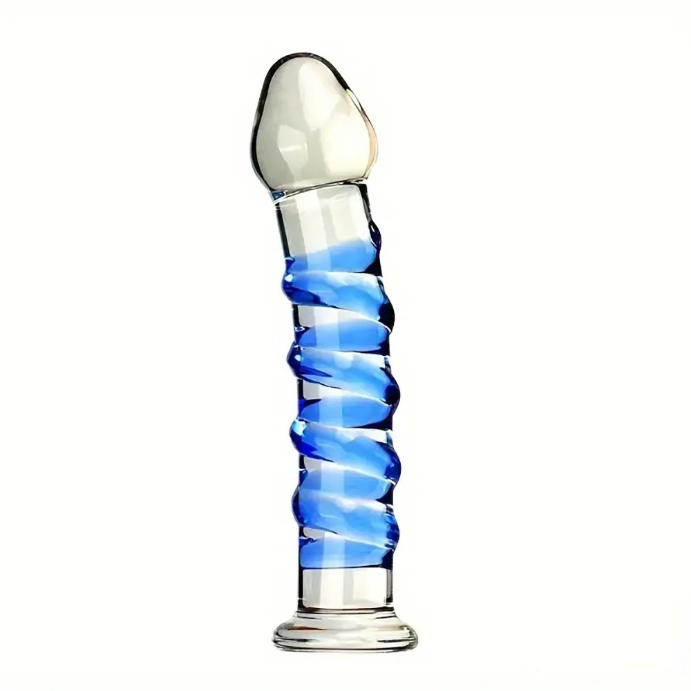 Clear glass dildo with blue spiral texture, photo 3