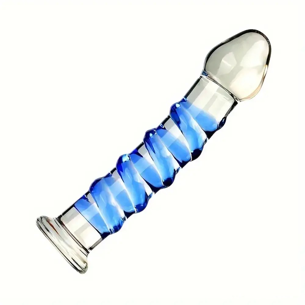 Clear glass dildo with blue spiral texture, photo 4