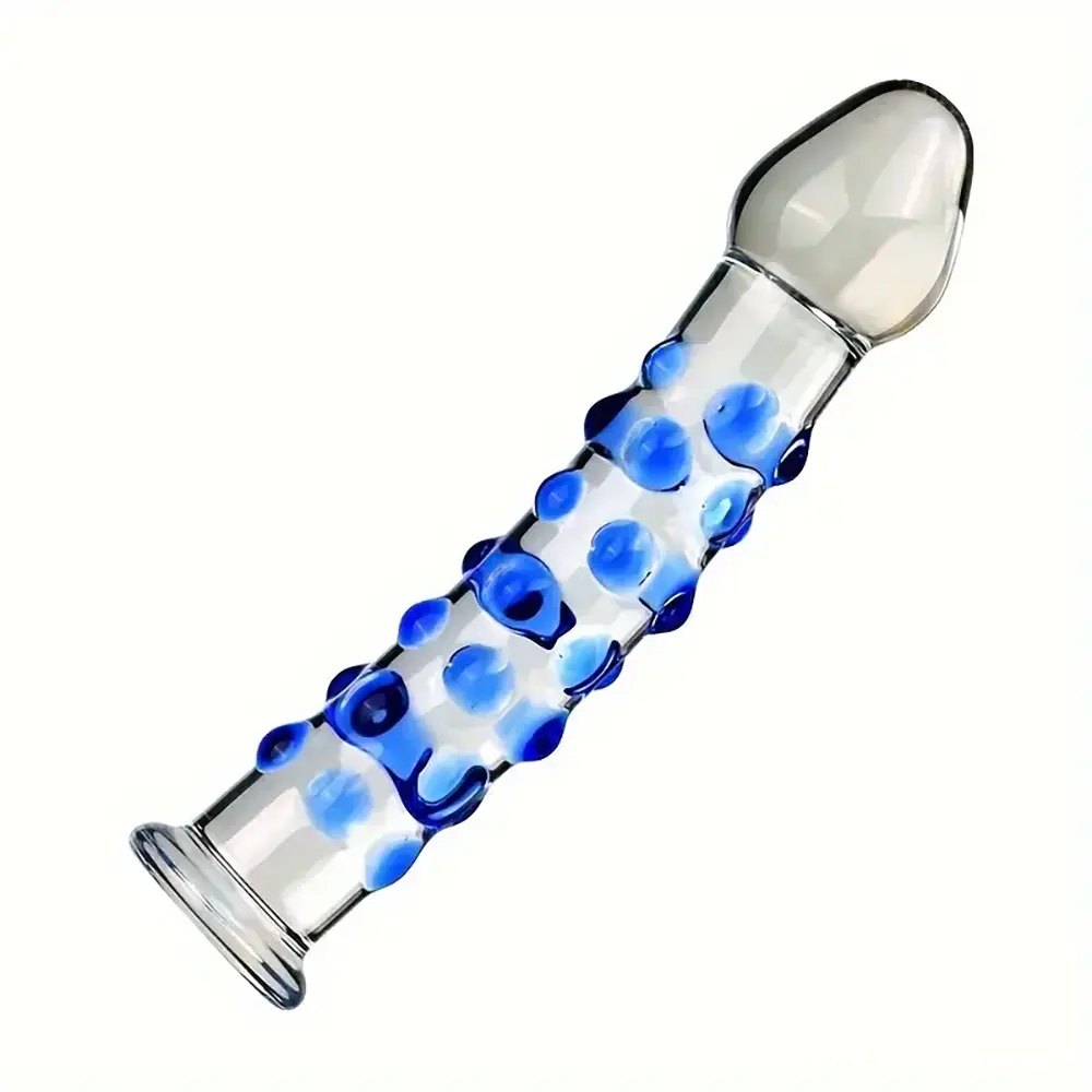 Clear glass dildo with blue spiral texture, photo 5