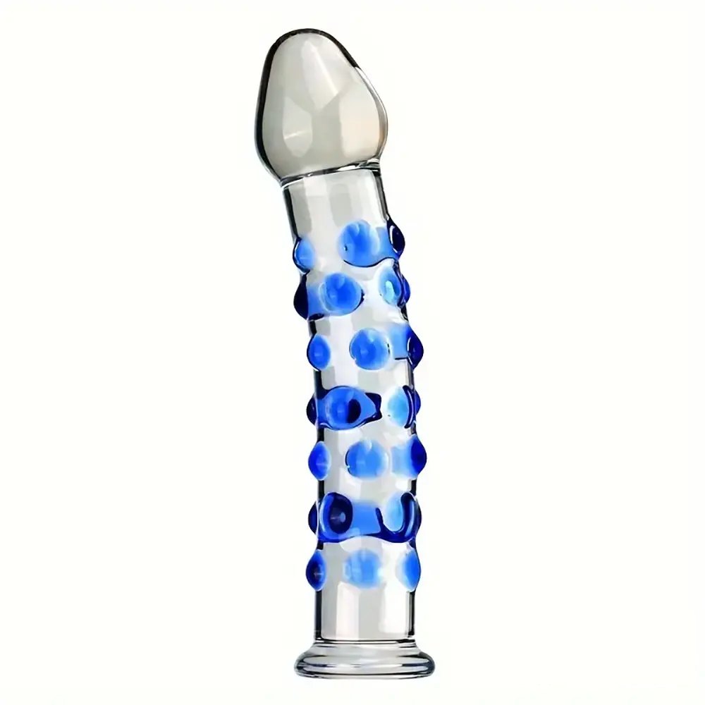 Clear glass dildo with blue spiral texture, photo 6