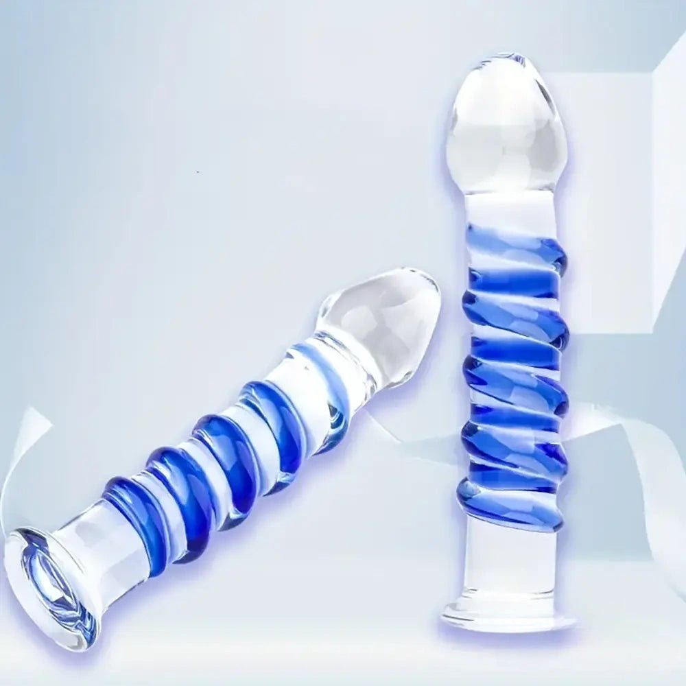 Clear glass dildo with blue spiral texture, photo 7