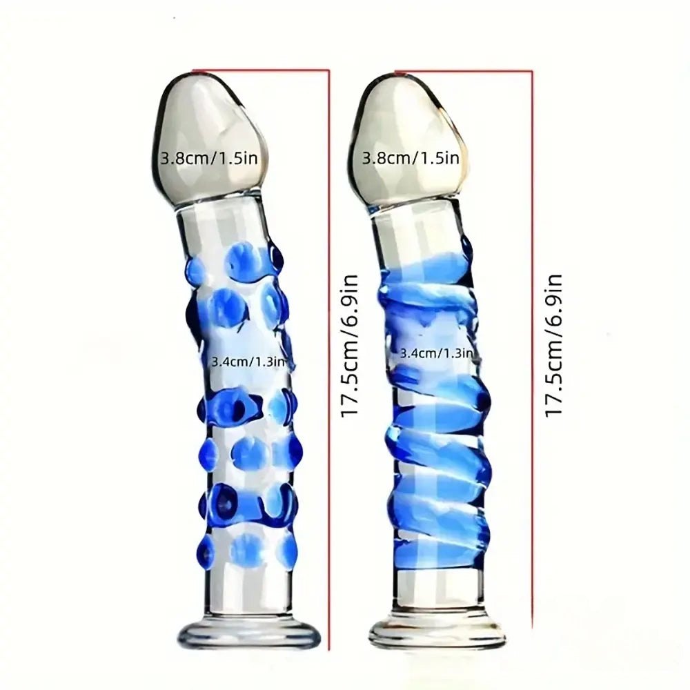 Clear glass dildo with blue spiral texture, photo 9