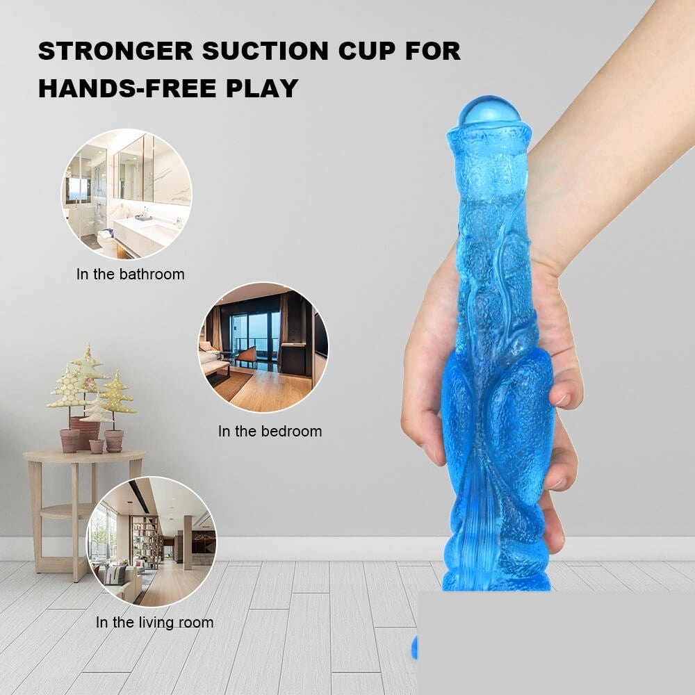 Blue textured fantasy dildo with suction cup base, photo 6