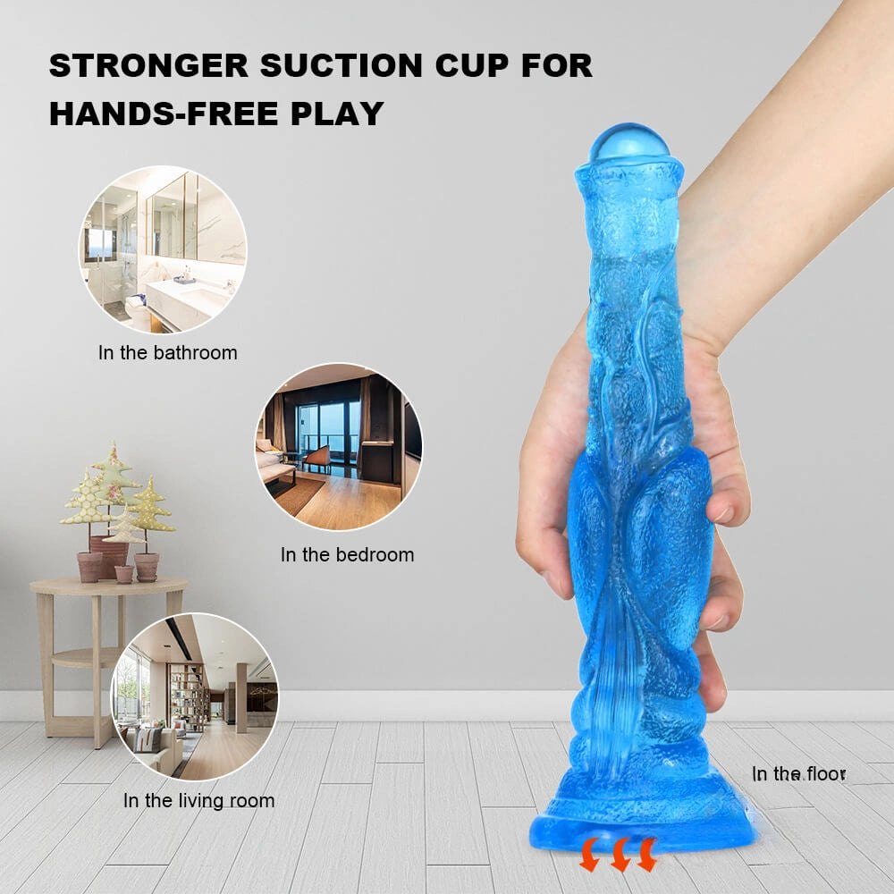 Blue textured fantasy dildo with suction cup base, photo 7