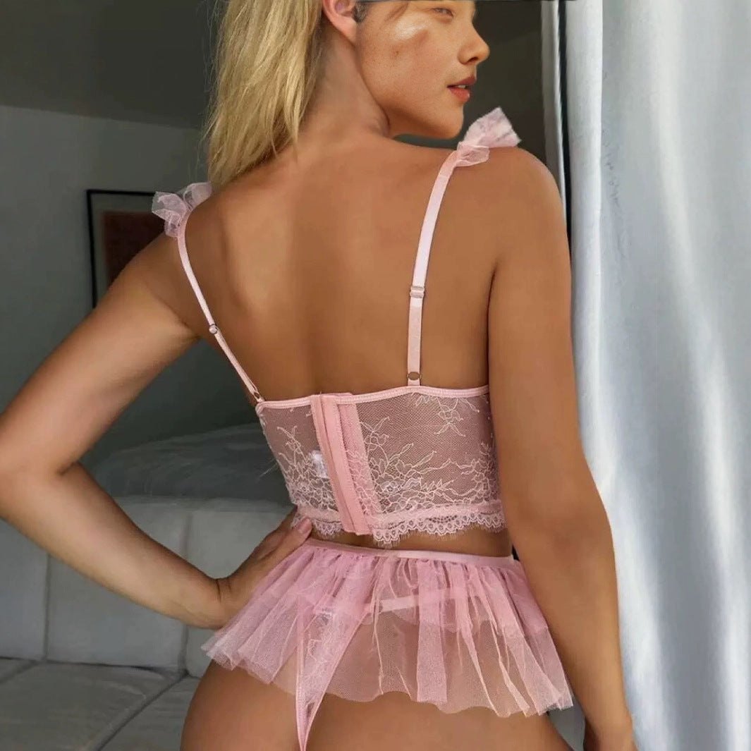 Blush pink lace corset tulle garter set, photo 3