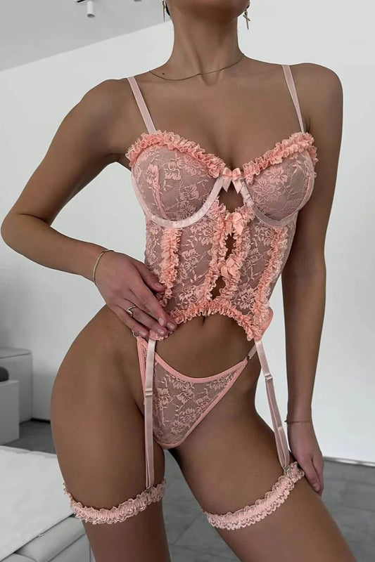 Blush ruffle cutout bustier thong set, photo 1