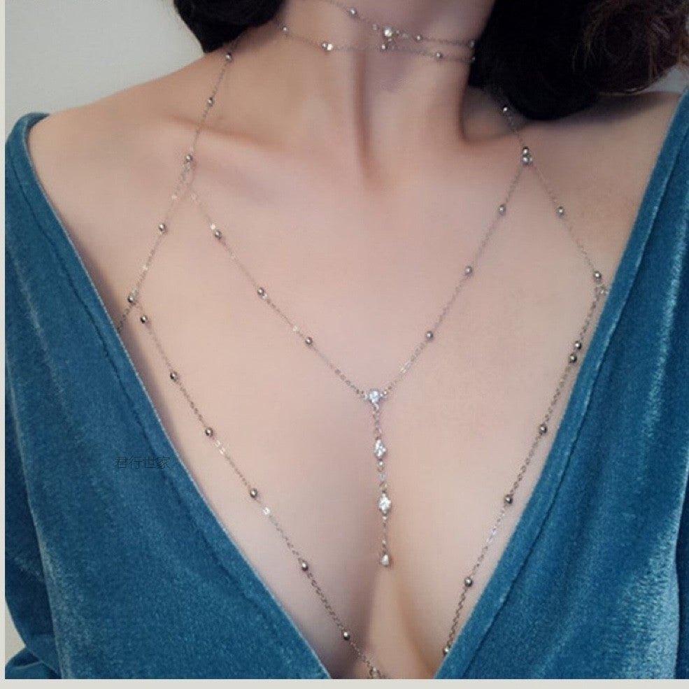 Silver body chain clavicle chest necklace