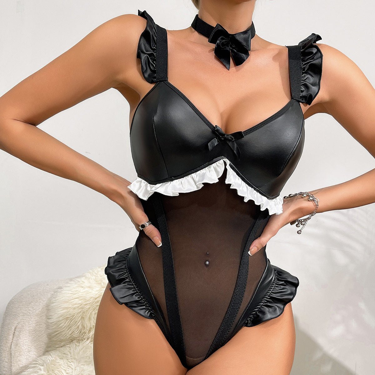 Bow accent faux leather mesh bodysuit, photo 1