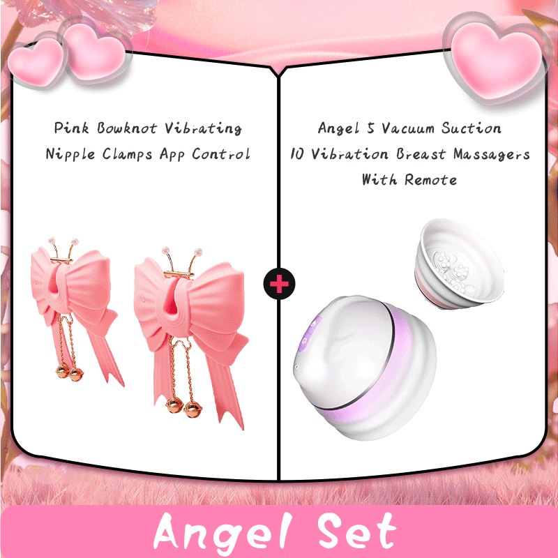 Pink bow-shaped nipple clamp and white breast massager set, photo 1