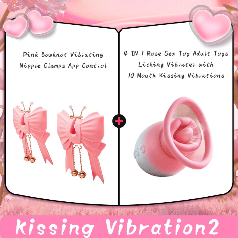 Pink rose-shaped clit stimulator and bow nipple clamp set, photo 1