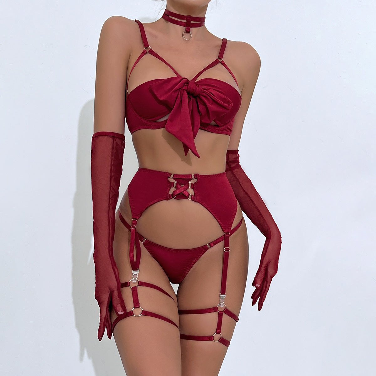 Red bow cutout four piece garter lingerie set