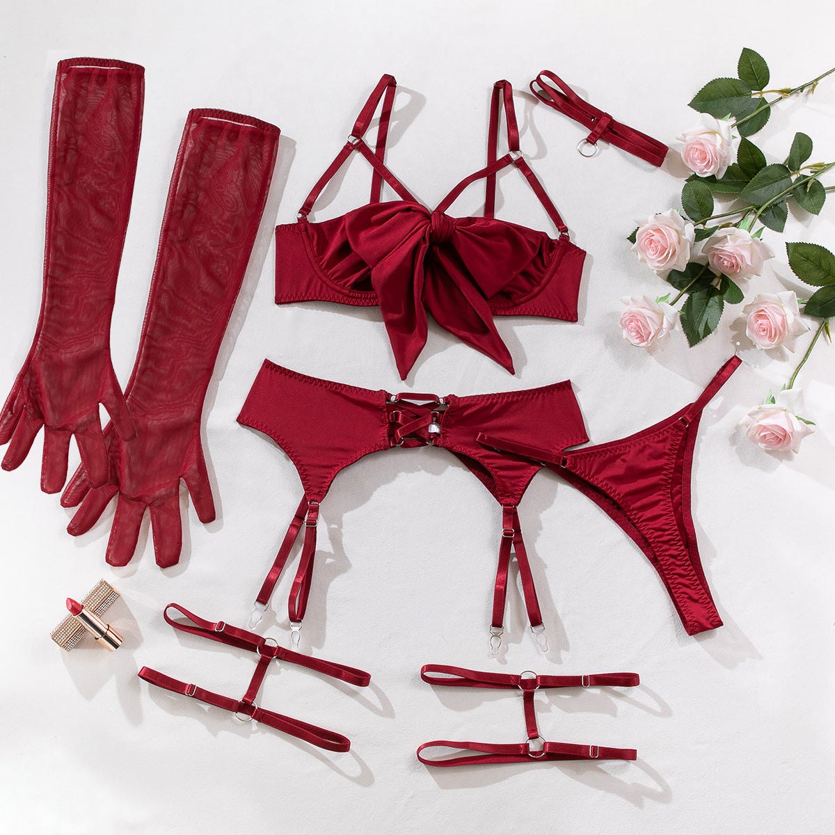 Bow cutout four piece garter lingerie set, photo 7