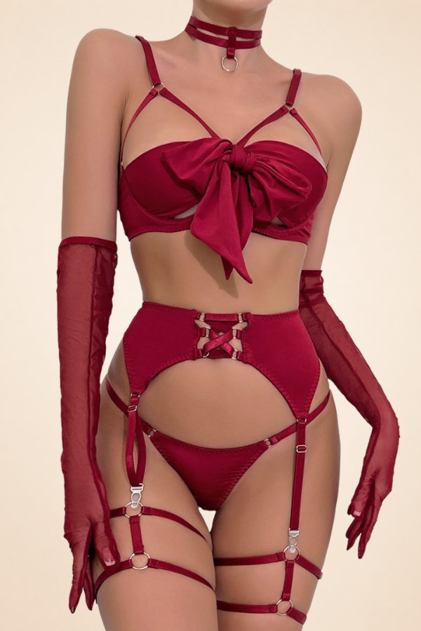Burgundy bow knot strappy garter belt choker gloves