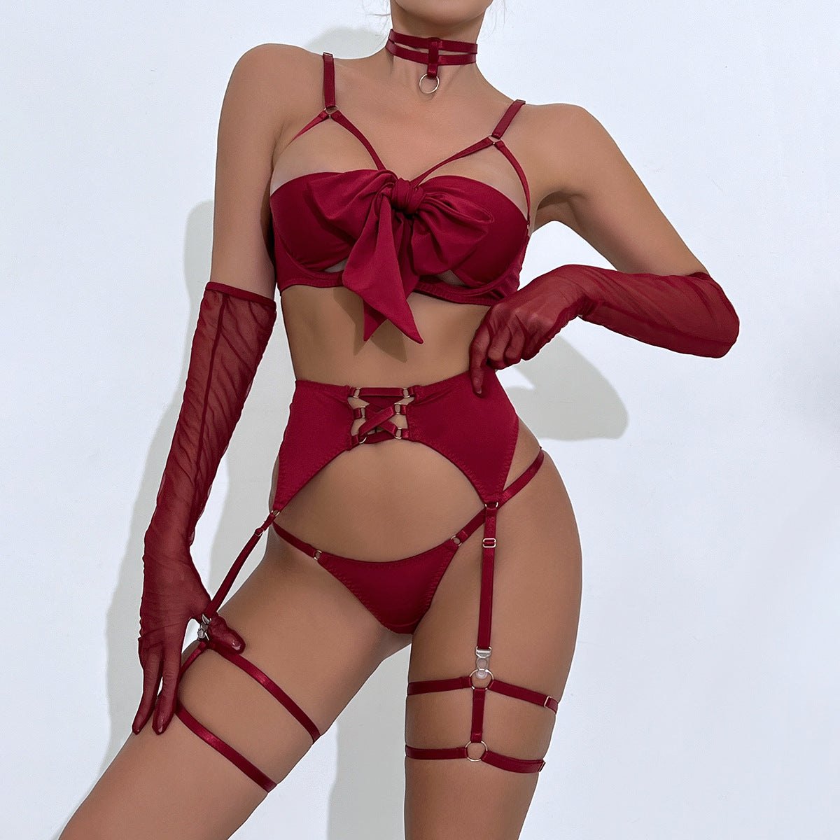Bow knot strappy garter belt choker gloves, photo 5
