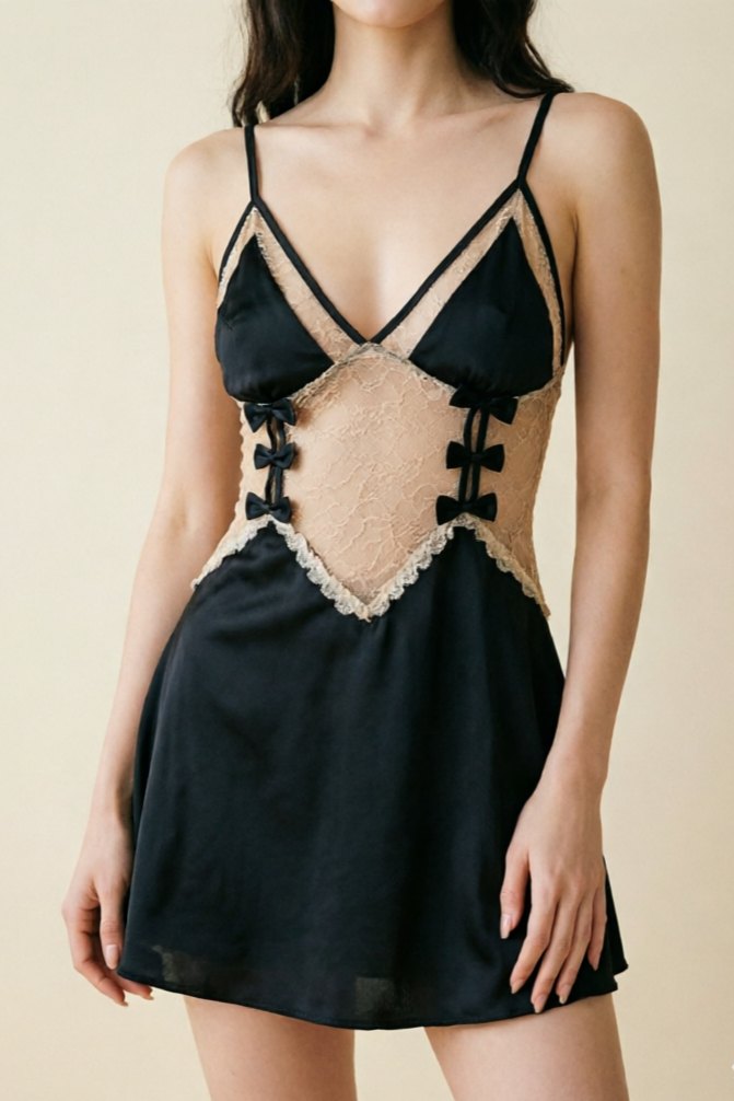 Black bow lace see through slip nightdress