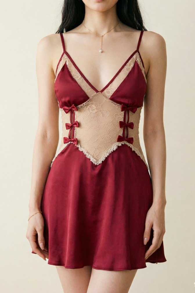 Burgundy bow lace see through slip nightdress