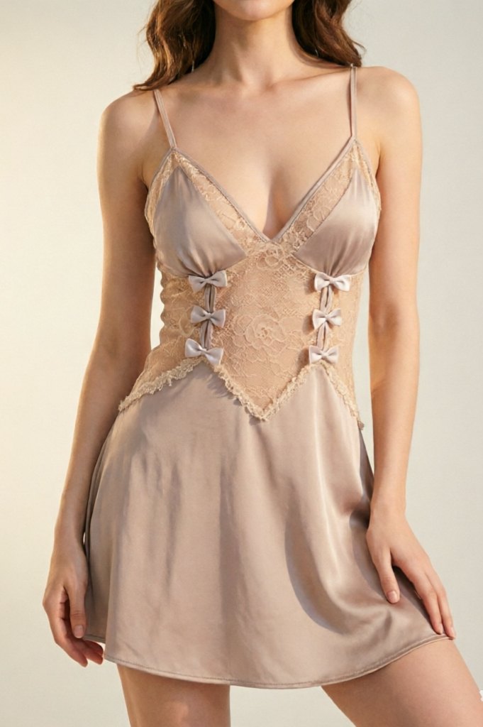 Purple bow lace see through slip nightdress