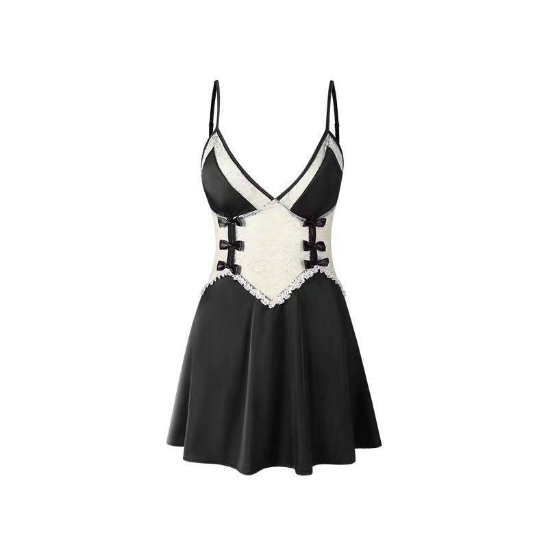 Black bow lace suspender sheer nightdress