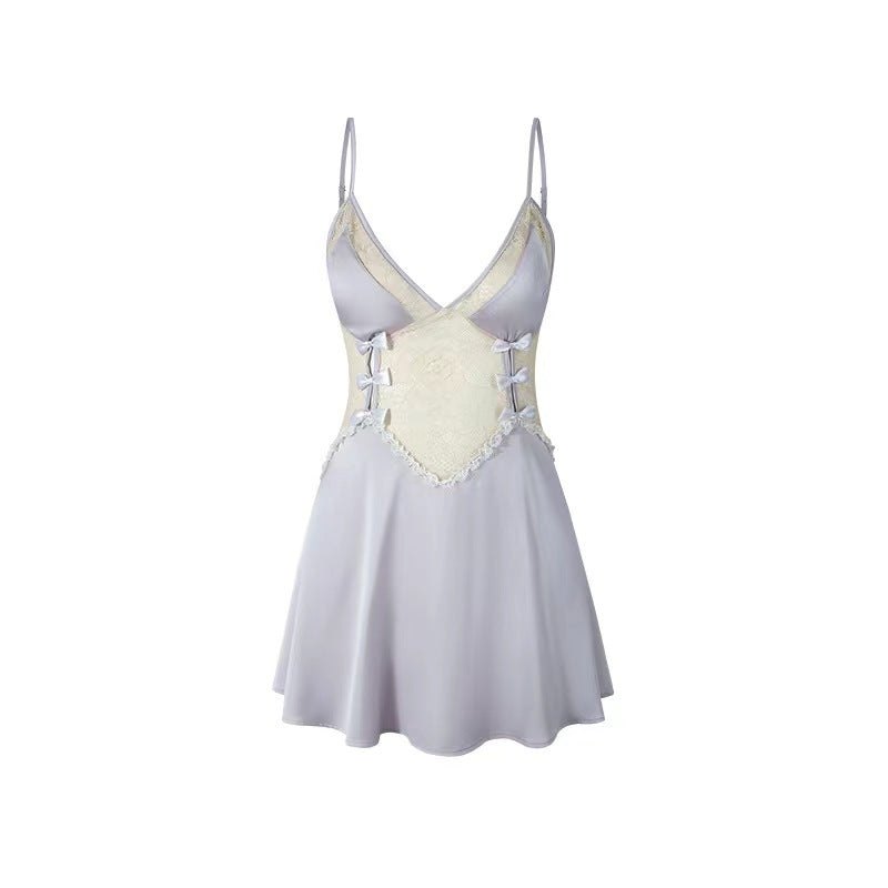 Light Purple bow lace suspender sheer nightdress