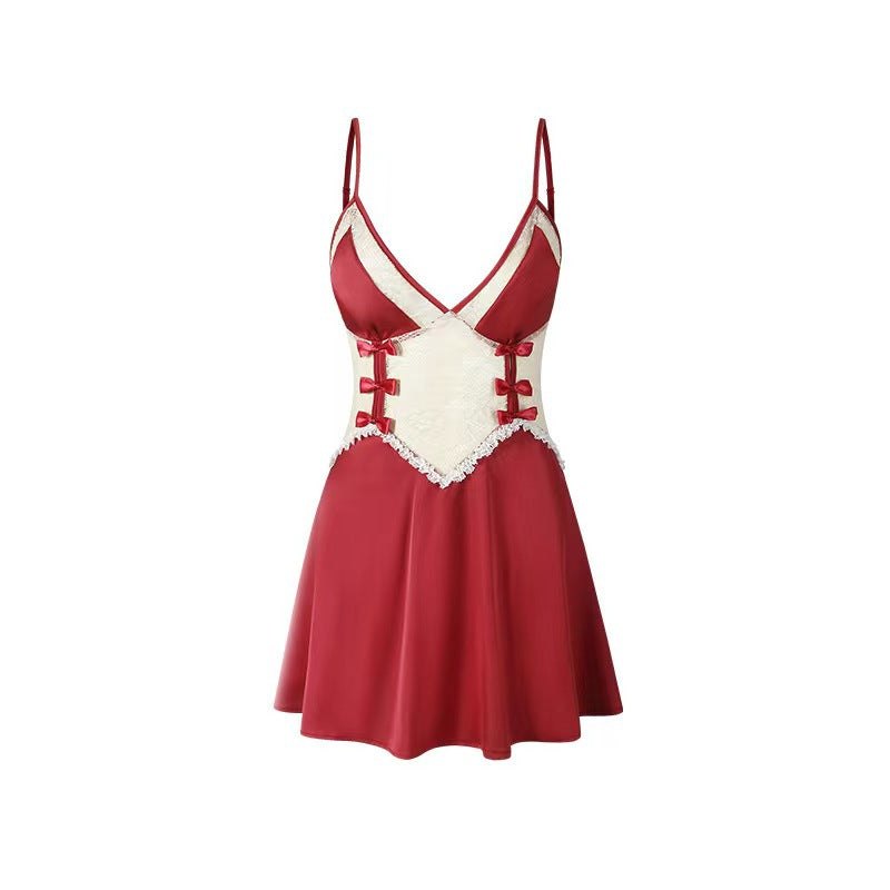 Red bow lace suspender sheer nightdress