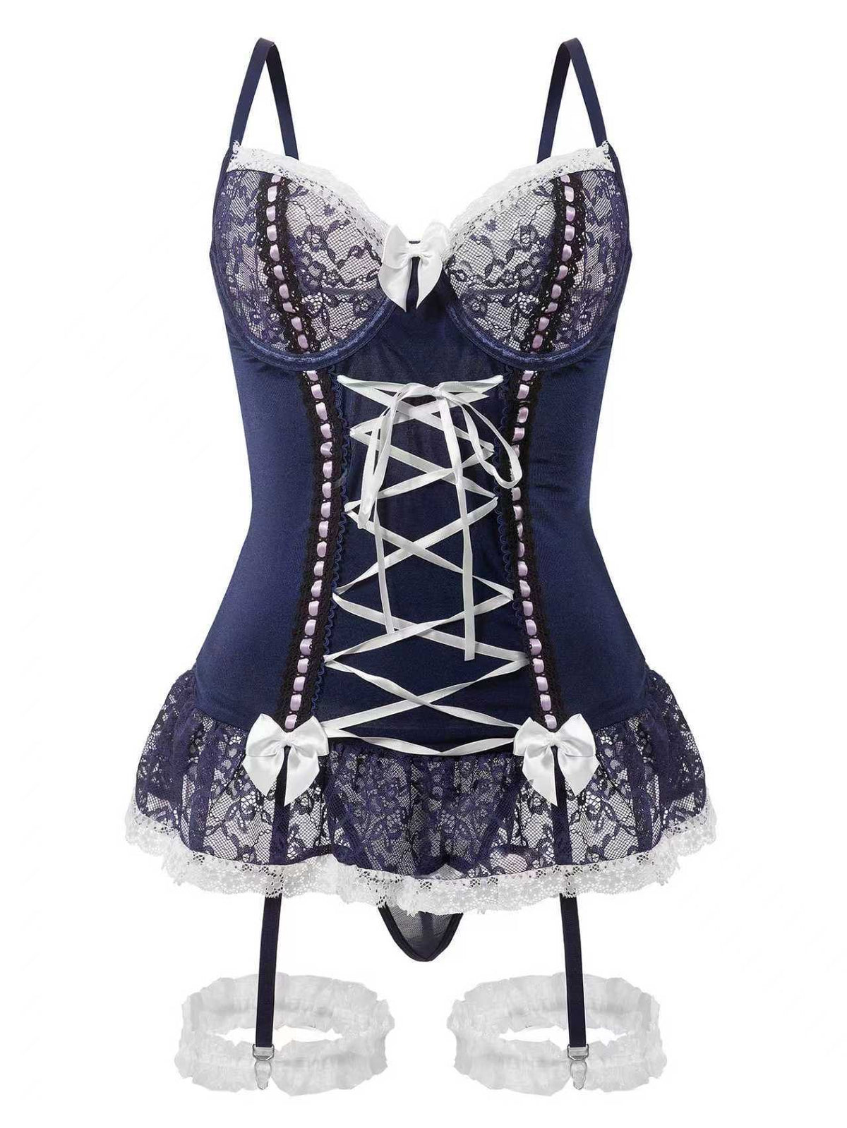 Dark Blue bow tie bodysuit garter
