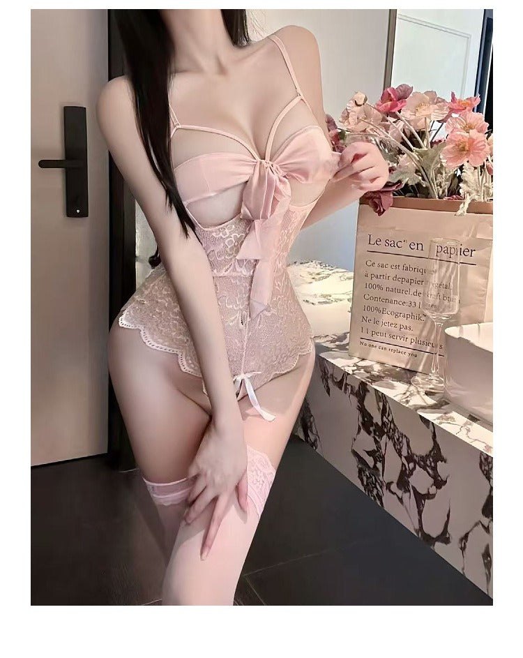 Lace teddy bow cutout mesh bodysuit, photo 4