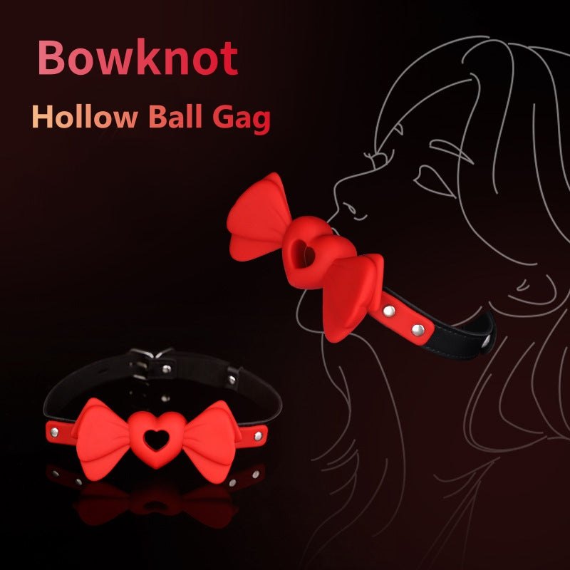 Red silicone bowknot ball gag with heart-shaped hollow design, photo 2