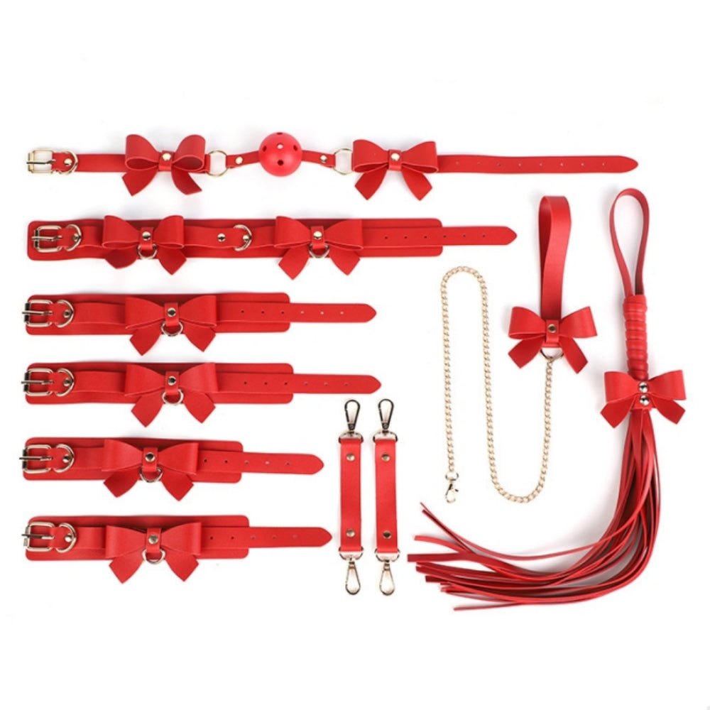 Bowknot PU leather bondage set with collar, whip, and cuffs, photo 1