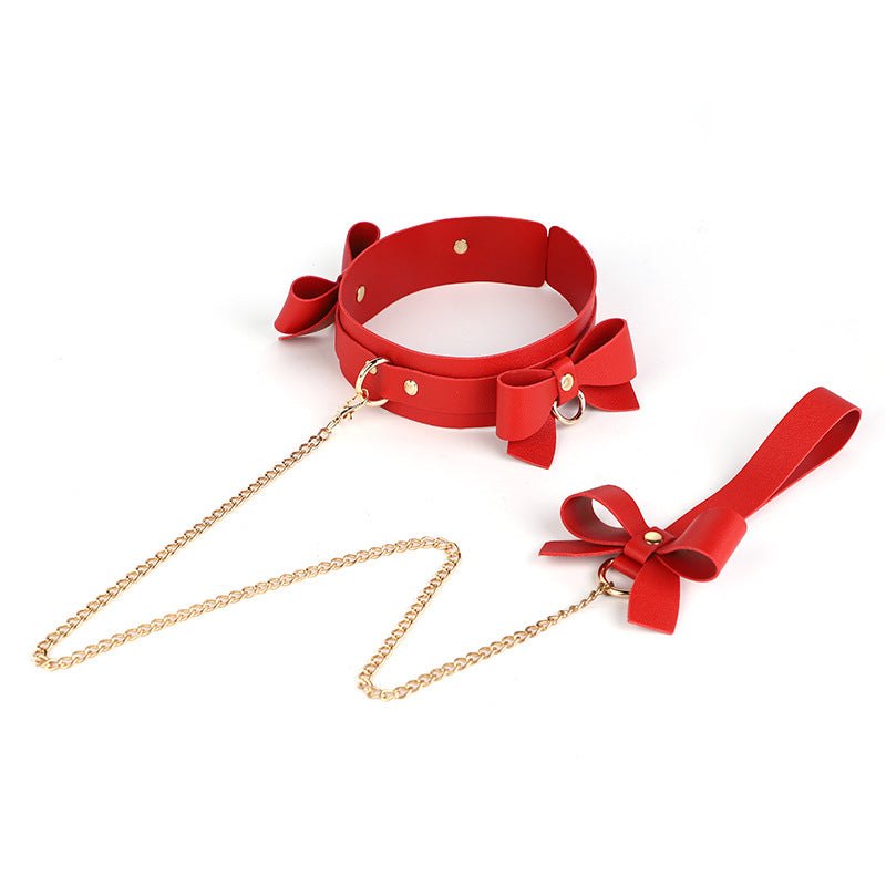 Bowknot PU leather bondage set with collar, whip, and cuffs, photo 9